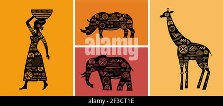 Banner Africa con elementi - giraffe modellate, elefante, mappa africana, corno di rhino e donna, bandiera tribale nera e bianca Illustrazione Vettoriale