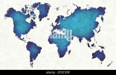 Mappa del mondo con linee tracciate e illustrazione dell'acquerello blu Foto Stock