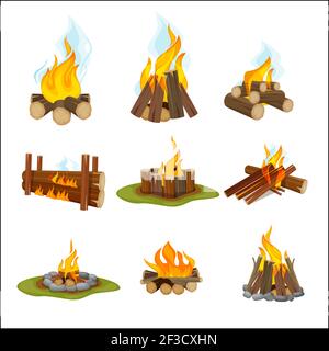 Campo di fuoco. Camino in legno falò luce trekking simboli collezione di viaggio naturale vettore di fiamma cartoon collezione Illustrazione Vettoriale