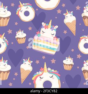Modello Unicorn. Dessert decorazione pony magico con cupcakes donut dolci vettore celebrazione sfondo senza cuciture Illustrazione Vettoriale