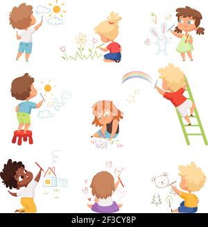 Artisti bambini. I bambini giocano e disegnano la pittura con i pastelli colorati su carta vettore simpatici caratteri carini Illustrazione Vettoriale