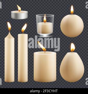 Collezione candele. Decorazione compleanno celebrazione cera candele fiamma diversi tipi vettore immagini realistiche Illustrazione Vettoriale