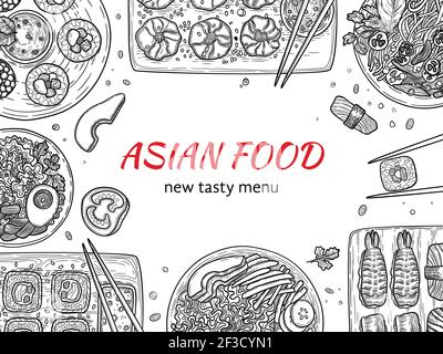 Cucina Asiatica. Giappone tradizionale ristorante cibo delizioso in piatti doodles sushi vettore sfondo Illustrazione Vettoriale