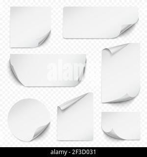 Adesivo arricciato. Carta bianca etiqueta rettangolare con angoli curvi etichette vuote vettore di raccolta realistico Illustrazione Vettoriale