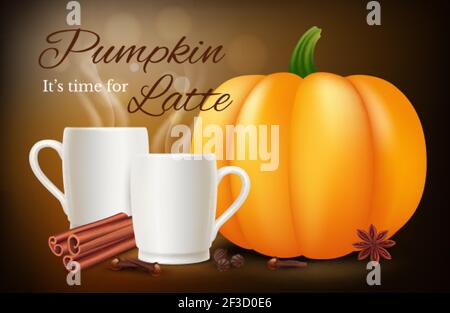 Latte di spezie di zucca. Tazze da caffè e spezie Vector realistic. Banner tempo latte di zucca Illustrazione Vettoriale