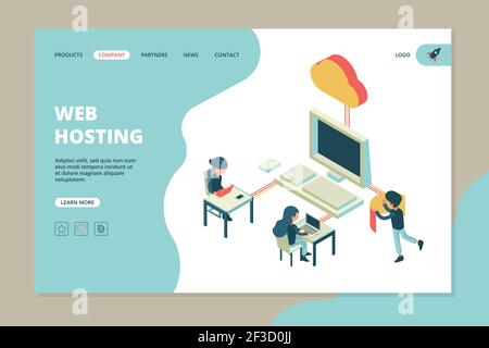 Web hosting Landing. Pagina web aziendale computer cloud server hardware tecnologia ingegneria internet comunicazione modello vettoriale Illustrazione Vettoriale