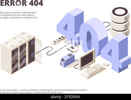 404 pagina. Errore di tecnologia web problemi di hosting server computer caduta vettore landing layout isometrico Illustrazione Vettoriale