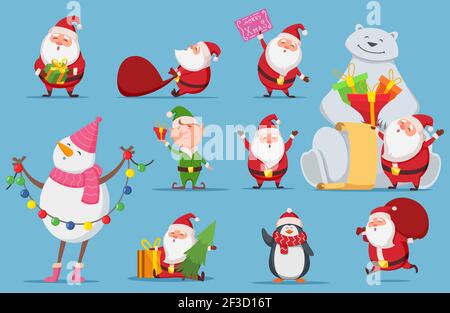 Set Babbo Natale. Personaggi di Natale. Santa carina, orso polare, illustrazione vettore pinguino Illustrazione Vettoriale