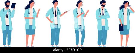 Medici al lavoro. Persona medica responsabili di assistenza sanitaria in piedi gruppo infermieri chirurgo e farmacista in caratteri flat vettore ospedale Illustrazione Vettoriale