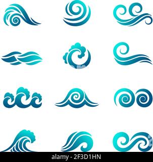 Logo a forma d'onda stilizzato. Grafica Ocean and Sea Water collezione di simboli vettoriali per il nuoto fluente Illustrazione Vettoriale