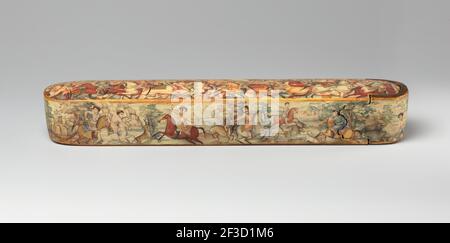 Pen Box (Qalamdan) raffigurante Shah Isma'il in una battaglia contro gli Uzbeki, Iran, all'inizio del 19 ° secolo. Forse realizzato dal maestro pittore di corte Mirza Baba (circa 1780-1810), forse la Battaglia di Chaldiran del 1514. Foto Stock