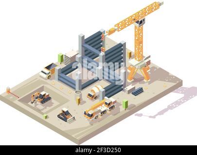 Costruzione isometrica. Esterno costruzione alto appartamento costruzione lavoratori veicoli giallo automobili gru trasportatore escavatore vettore Illustrazione Vettoriale