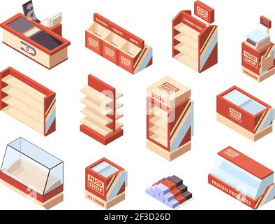 Mobili di un negozio di alimentari. Checkout tavoli scaffali carrelli shopping frigoriferi supermarket isometric oggetti vettore Illustrazione Vettoriale