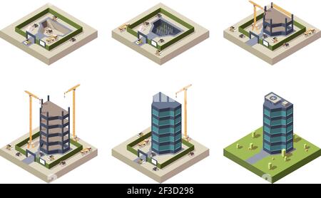 Costruzione della tavola isometrica. Alto edificio moderno grattacieli architettura vettoriale immagini tecniche Illustrazione Vettoriale