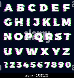 Font glitch. Distruggitore lettere alfabeto effetto dinamico schermo giochi tipografia font modello vettoriale Illustrazione Vettoriale