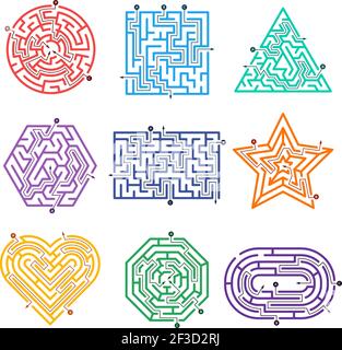 Labirinto di gioco. Strada labirinti con varie porte d'ingresso e uscite fuori forme vettoriali Illustrazione Vettoriale