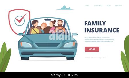 Landing page assicurazione famiglia. Banner assicurativo con famiglia felice in auto. Cartoni animati genitori con bambini illustrazione vettoriale Illustrazione Vettoriale