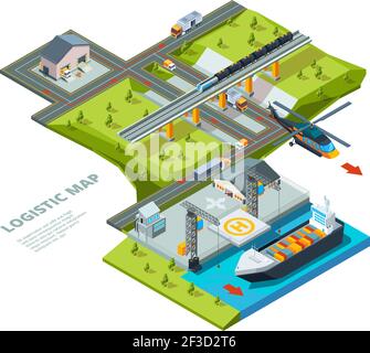 Concetto logistico. Mappa stradale punti trasporti oceanici ferrovie e trasporto cargo auto vettore sfondo logistico isometrico Illustrazione Vettoriale