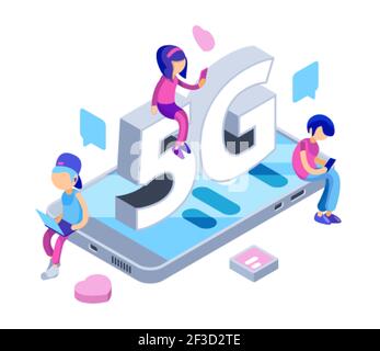 Internet 5g Concept. Rete wi-fi gratuita. Vettore isometrico adolescenti con gadget, smartphone, laptop Illustrazione Vettoriale