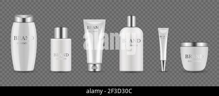Bottiglie cosmetiche. Confezione bianca d'argento per siero, crema, shampoo, balsamo. Mockup cosmetico vettoriale isolato su sfondo trasparente Illustrazione Vettoriale