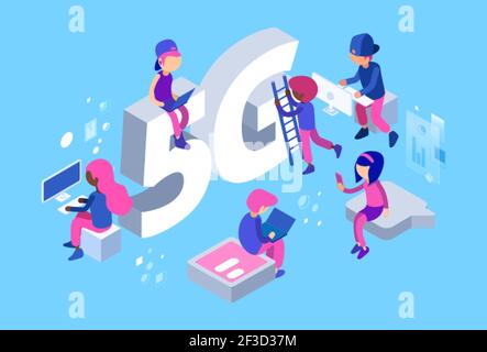 Rete isometrica 5G. Rete wi-fi Vector 5g. 3D persone diverse, sviluppatori web al lavoro Illustrazione Vettoriale