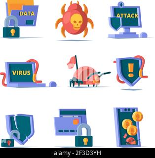 Sicurezza dei dati. Lucchetto rete firewall sicurezza server online pulizia server cyber sicurezza vettore icone flat Illustrazione Vettoriale