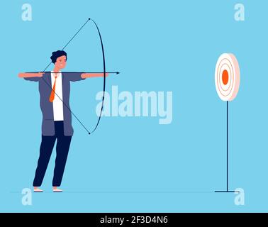 Obiettivo aziendale. Imprenditori manager investitore tiro con arco e freccia di fuoco business concept vettore flat Illustrazione Vettoriale