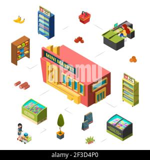 Concetto di mini market. Illustrazione vettoriale isometrica del negozio di alimentari. Costruzione di mercato, banchi, clienti Illustrazione Vettoriale