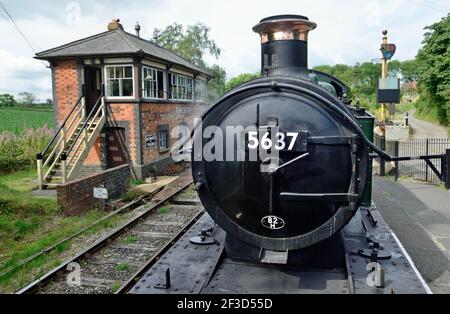 Vista del motore GWR 0-6-2 con serbatoio n. 5637 che trasporta un treno sulla ferrovia East Somerset. 27th luglio 2014. Foto Stock