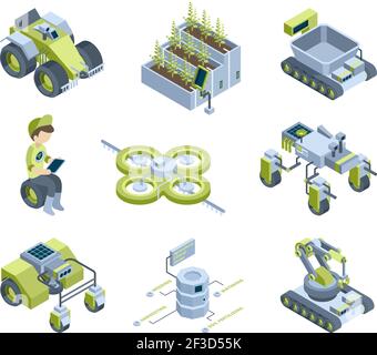 Agricoltura intelligente. Future macchine agricole industriali trattori vendemmiatori innovativi robot organici a effetto serra lavoro pannelli di illuminazione vettoriale isometrica Illustrazione Vettoriale