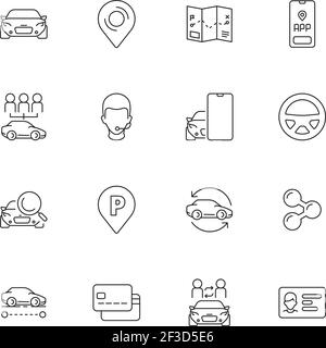 Icona di condivisione auto. Noleggio città automobile trasporto urbano mobilità Smart sharing vettore raccolta di simboli lineari Illustrazione Vettoriale
