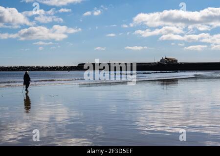 Lyme Regis, Dorset, Regno Unito. 16 Marzo 2021. Regno Unito Meteo: Glorioso sole di primavera presso la stazione balneare di Lyme Regis. La spiaggia era tranquilla oggi, nonostante il sole caldo e calmo e il cielo blu. Credit: Celia McMahon/Alamy Live News Foto Stock