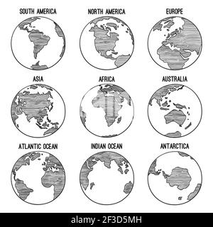 Terra globo doodle. Pianeta carta abbozzata america india africa continenti vettore illustrazioni disegnate a mano Illustrazione Vettoriale