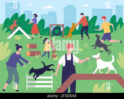 Camminare con i cani nel parco. Persone che giocano in esecuzione all'aperto con animali domestici cani cuccioli vettore background Illustrazione Vettoriale