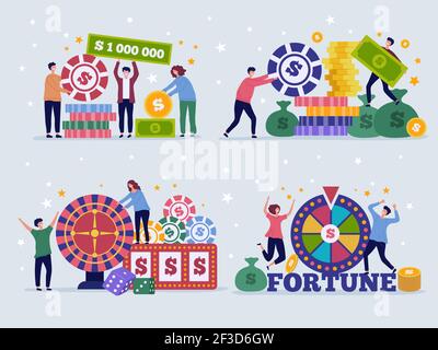 Concetto di lotteria del casinò. Personaggi fortunati giocatori bingo jackpot poker giocare gioco d'azzardo slot machine biglietto vittoria premio vettore piatto Illustrazione Vettoriale