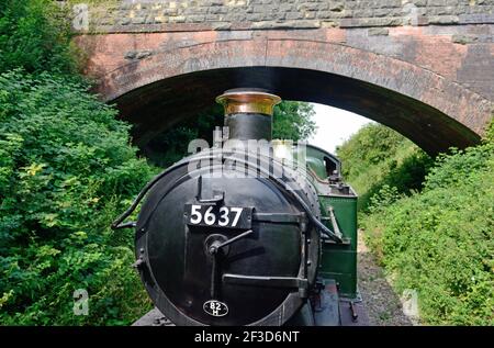 Vista del motore GWR 0-6-2 con serbatoio n. 5637 che trasporta un treno sulla ferrovia East Somerset. 27th luglio 2014. Foto Stock