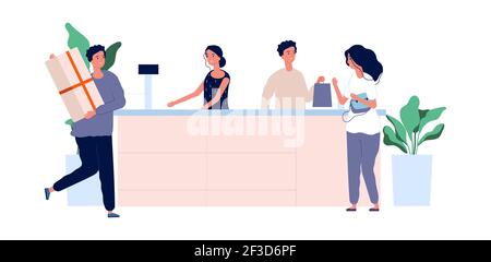 Concetto di servizio clienti. Acquirenti con prodotti in piedi al bancone. Vector store team maschio femmina caratteri piatti Illustrazione Vettoriale