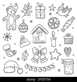 Doodles di Natale. Inverno stagione natale caratteri animali carino regali vestiti albero fiocchi di neve vettore disegno immagini Illustrazione Vettoriale