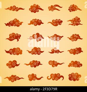 Nuvole cinesi. Simboli grafici in stile orientale asian oggetti tradizionali insieme vettoriale Illustrazione Vettoriale