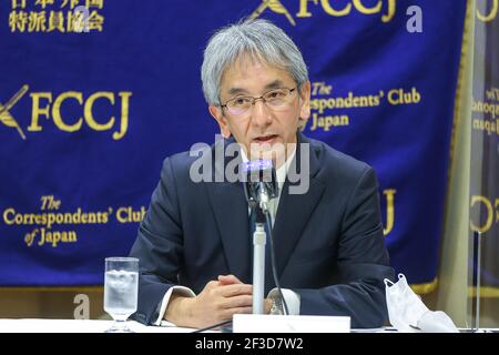 Tokyo, Giappone. 16 Marzo 2021. Naoto Uemura, professore presso la scuola di medicina dell'Università di Oita. Ha tenuto una conferenza stampa al Club dei Corinterpellati stranieri di JapaniFCCJj a Tokyo sullo sviluppo della prossima generazione di vaccini dopo COVID-19. 16 marzo 2021 a Tokyo, Giappone. (Foto di Kazuki Oishi/Sipa USA) **Japan out** Credit: Sipa USA/Alamy Live News Foto Stock