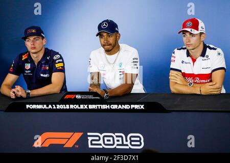 VERSTAPPEN Max (NED), Aston Martin Red Bull Racing Tag Heuer RB14, HAMILTON Lewis (gbr), Mercedes AMG F1 Petronas GP W09 Hybrid EQ Power+, LECLERC Charles (mco), Alfa Romeo Sauber F1 Team C37, conferenza stampa ritratto durante il Campionato del mondo di Formula uno 2018, Gran Premio d'Inghilterra dal 5 all'8 luglio, a Silverstone, Gran Bretagna - Foto Florent Gooden / DPPI Foto Stock