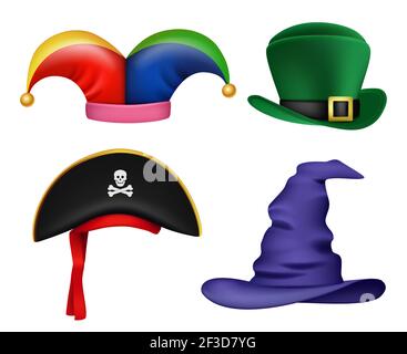 Cappelli Masquerade. Divertenti costumi colorati e maschere elementi di abbigliamento per festa celebrazione vettore collezione realistica Illustrazione Vettoriale