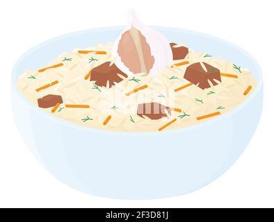 Pilaf tradizionale arabo e uzbeko o maqluba in ciotola bianca isolata su bianco. Illustrazione di cartoni animati vettoriali. Illustrazione Vettoriale