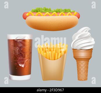 Fast food. Realista cibo spazzatura hotdogs bevande fredde gelato french fries vettore grafica 3d Illustrazione Vettoriale