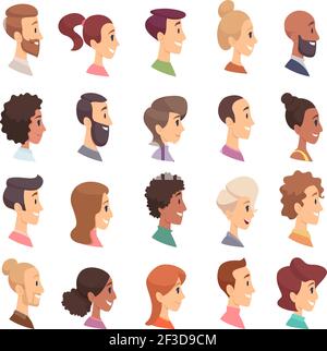 Profilo facce. Avatar persone espressione teste semplici uomini e donne vettori persone illustrazioni cartoni animati Illustrazione Vettoriale