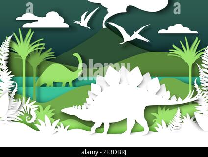 Sagome dino tagliate in carta e paesaggio naturale, illustrazione vettoriale. Dinosauro, animale selvatico rettile. Archeologia, storia Illustrazione Vettoriale