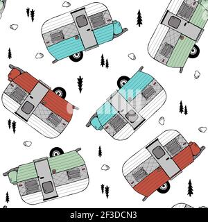 Alberi, rocce e vintage Caravan Doodle stile Vector disegno senza giunture. Retro Trailer Van Print per la moda tessile design. Illustrazione Vettoriale