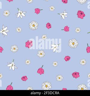 Vector blue background bianco rosa motivo floreale senza cuciture. Margherite, gigli, tulipani. Sfondo con ripetizione senza giunture Illustrazione Vettoriale
