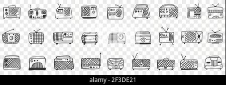 Set di doodle per registratore a nastro Vintage retro radio. Collezione di radio e registratori a nastro in stile retrò disegnati a mano con antenne per l'ascolto di musica isolata su sfondo trasparente Illustrazione Vettoriale