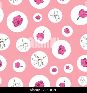 Vettoriale rosa fondo bianco rosa motivo floreale senza cuciture. Margherite, gigli, tulipani. Sfondo con ripetizione senza giunture Illustrazione Vettoriale